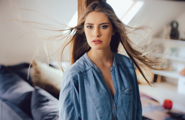 Camille Rochette portrait with windblown hair