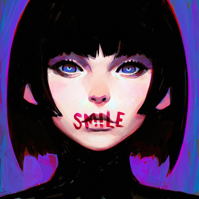 Artwork of a woman with black hair and blue eyes