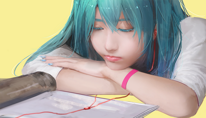 Hatsune Miku with aqua hair resting her head on her arms