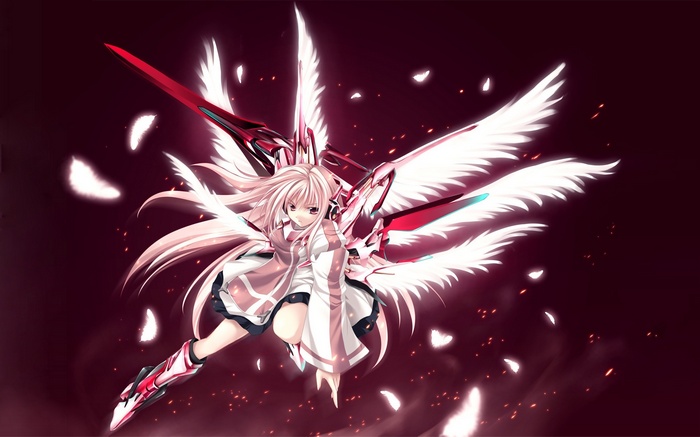 Anime girl with pink hair and mechanical wings holding a sword