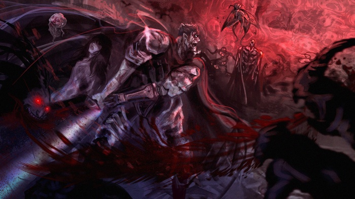 Guts fighting demons in Berserk