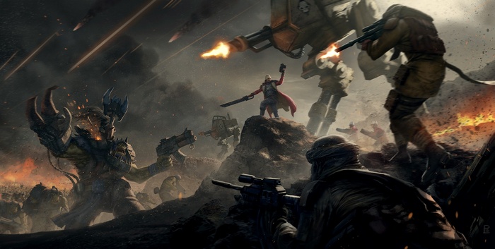 Warhammer 40,000 battle with Orks and soldiers