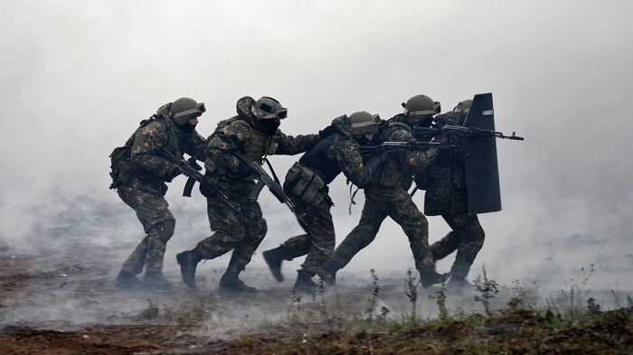 Russian Army soldiers in formation with smoke