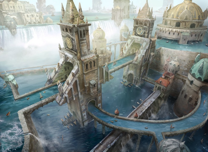Fantasy city with waterfalls and bridges