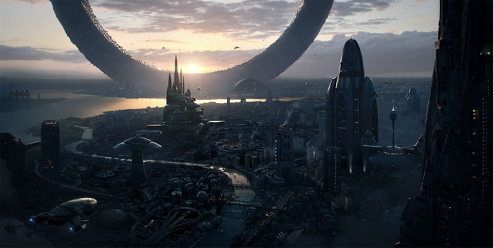 Futuristic city with a large ring structure at sunset