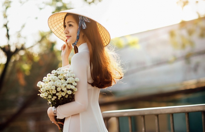 flowers, Asian, hat, nón lá, áo dài, women, vietnamese, model