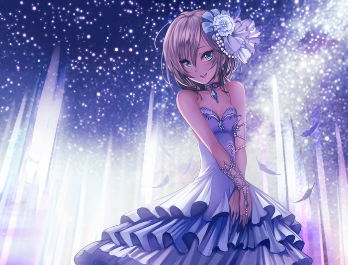 Anastasia in a purple dress under a starry sky
