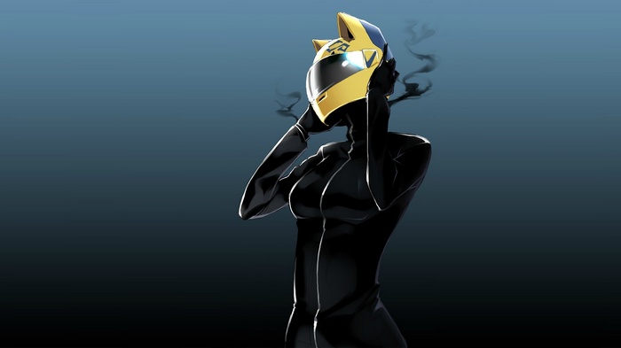 Celty Sturluson wearing a cat-eared helmet
