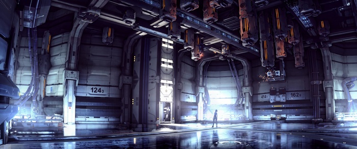 Science Fiction Hangar Bay with a lone figure