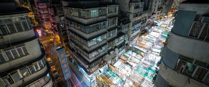Night view of a crowded street market in China