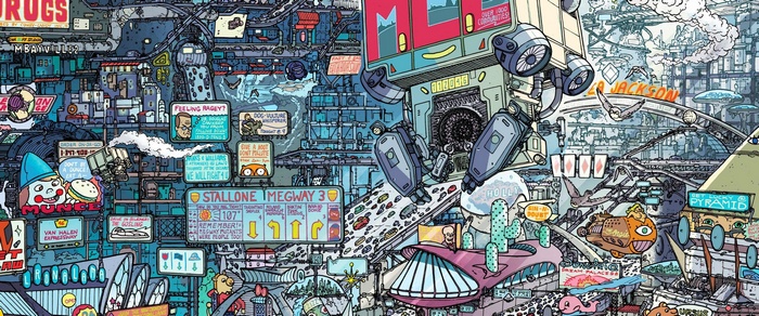 Futuristic Cityscape with Signs and Robots