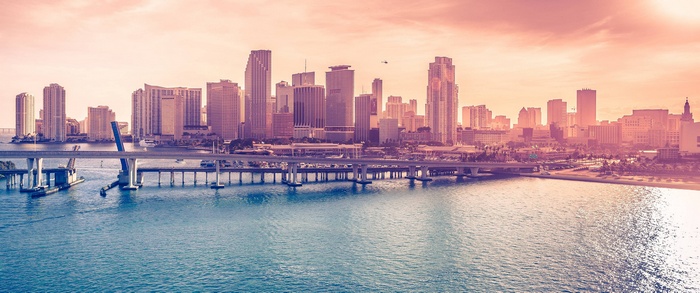 Miami skyline with a drawbridge over the water