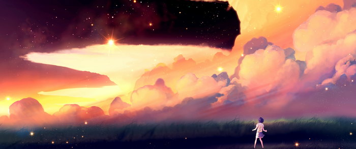 Girl looking at a starry sunset sky