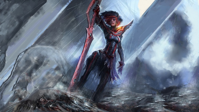 Ryuko Matoi with a giant sword in the rain