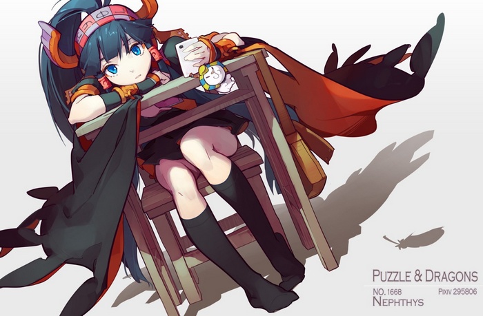 Puzzle & Dragons Nephthys with a phone