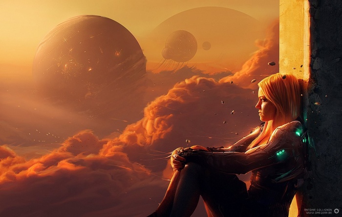 Cyberpunk woman looking at alien planets in the sky