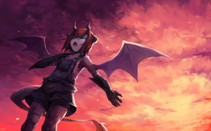 Dragon girl with wings against a sunset sky