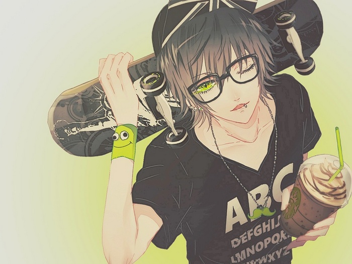 Anime boy with glasses and skateboard holding a drink