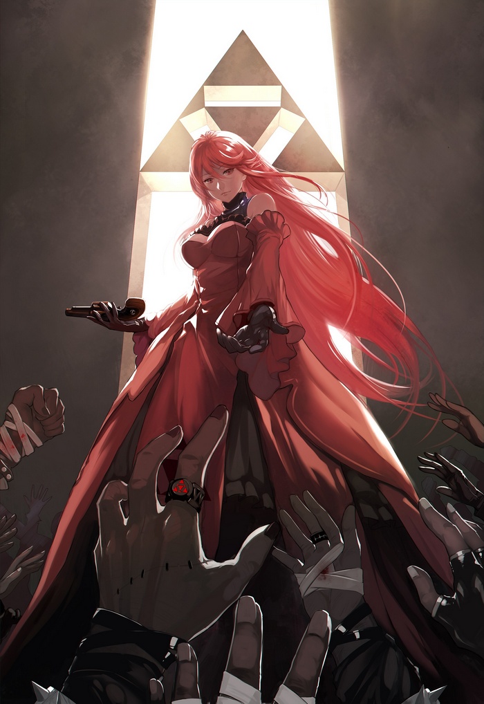 Redhead woman in red dress with gun