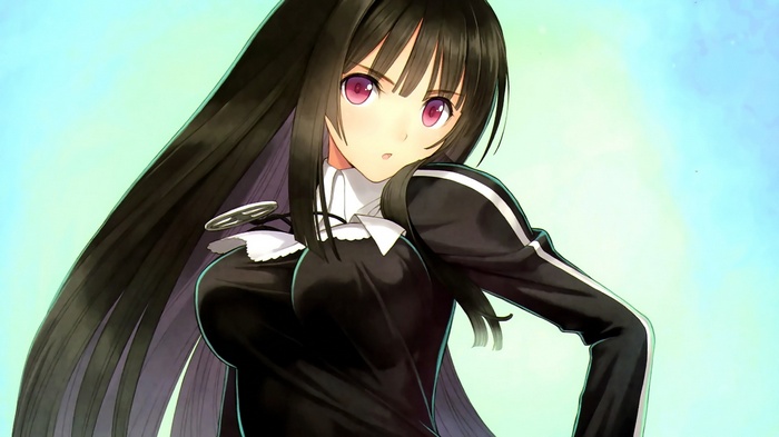 Anime girl with long black hair and purple eyes