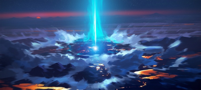 Digital Art of a City Under a Blue Beam