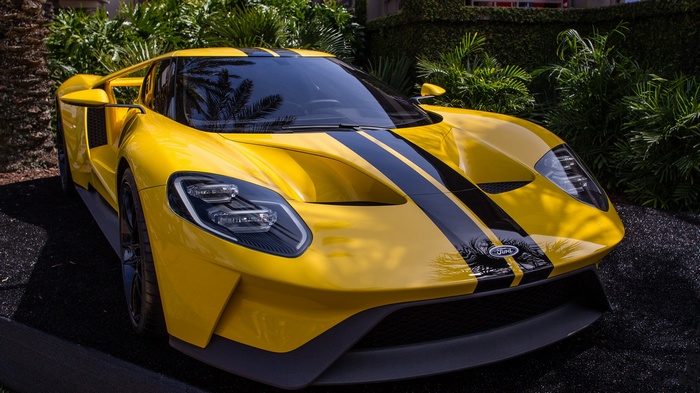Yellow Ford GT with Black Stripes