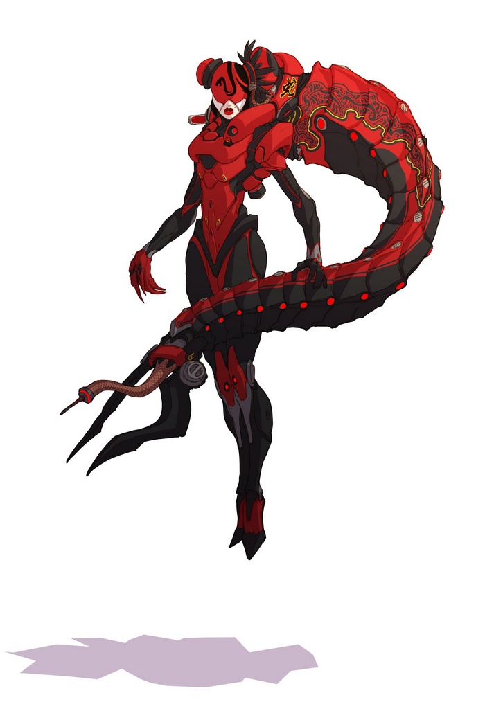 Duelyst artwork of a red and black cyborg with a tail