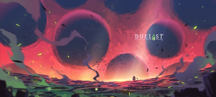 Duelyst concept art with a lone figure and cosmic orbs