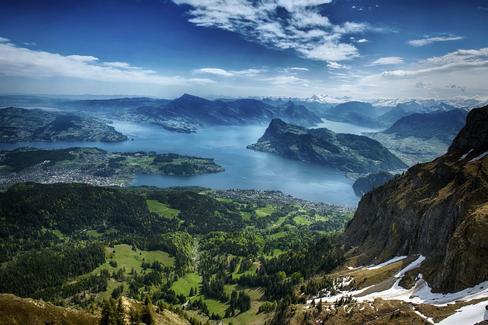 Panoramic view of mountains and lakes