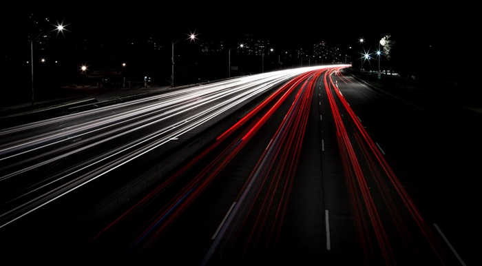 Light trails on a highway at night