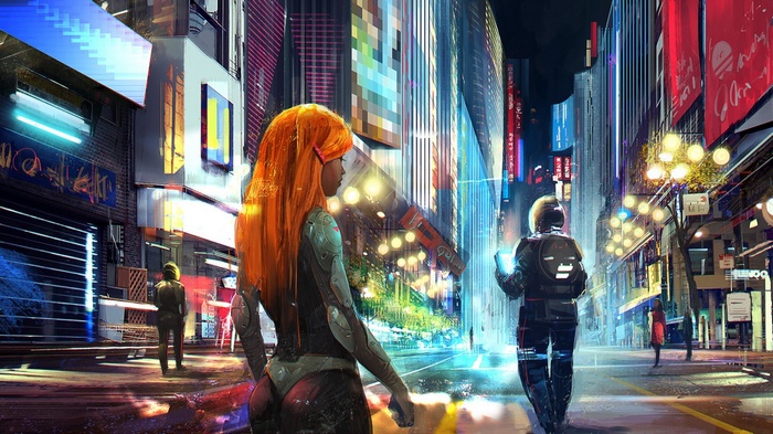 Redhead woman in a futuristic city at night