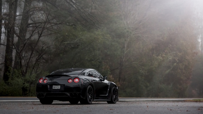 Black Nissan GTR parked on a foggy forest road