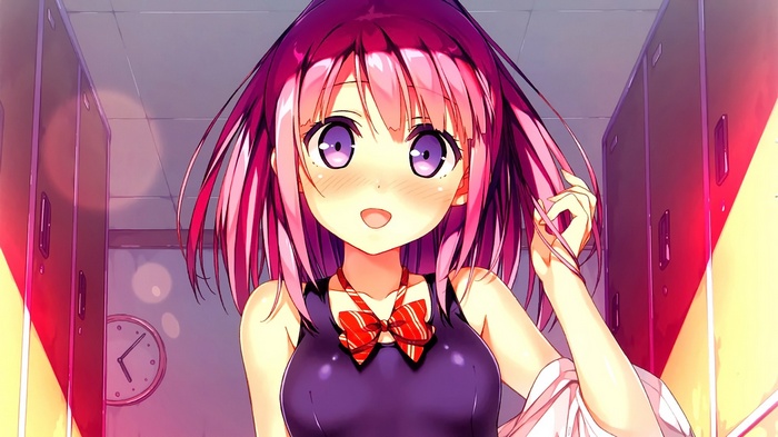 Anime girl with pink hair and purple eyes in a swimsuit