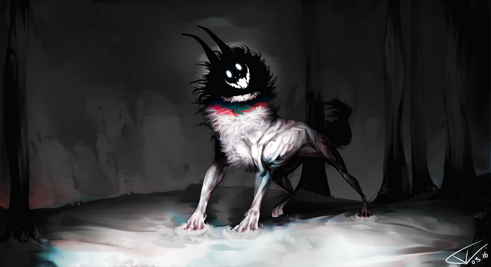 Horror creature with a smiling face in a dark forest
