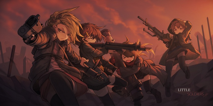 Four anime girls with guns in a war-torn landscape