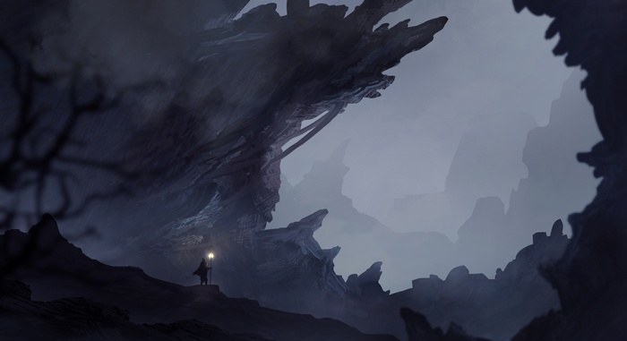 Fantasy art of a figure holding a light in a cave