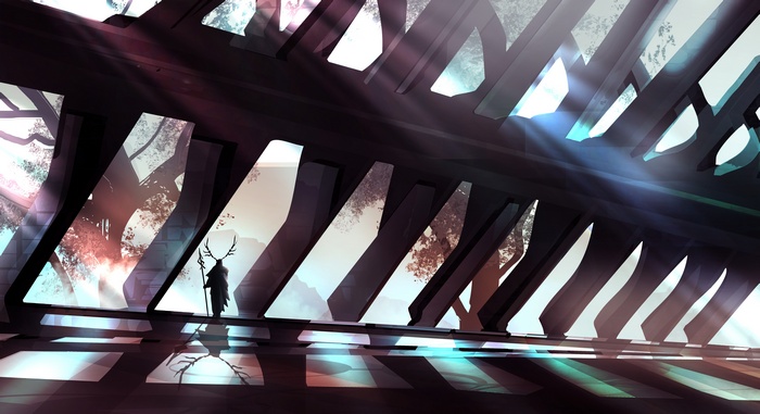 Fantasy art of a figure with antlers in a futuristic structure