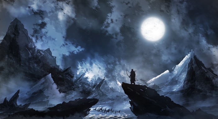 Fantasy hunter with bow and arrow under the moon