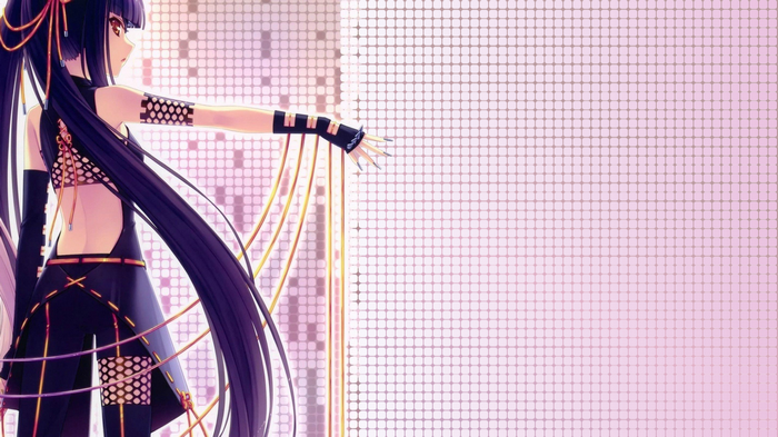 Anime girl with purple hair and black outfit