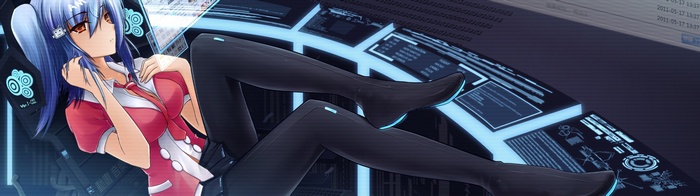 Anime girl with blue hair in a futuristic interface