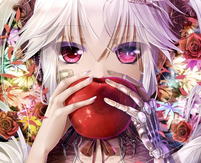 Anime girl with robotic arm holding an apple