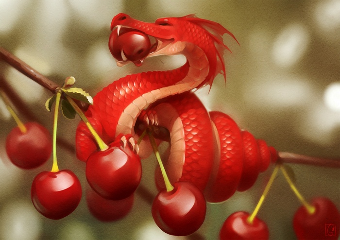 Red dragon eating cherries from a branch