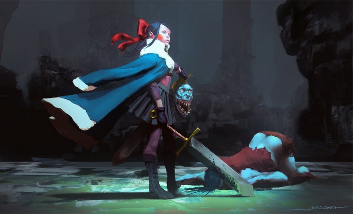 Artwork of a girl with a mask and sword in a Necropolis