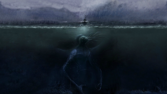 Giant sea monster attacks a boat in a storm