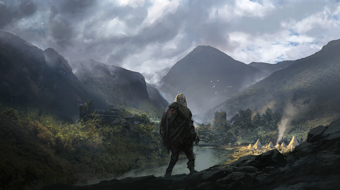A lone figure overlooks a valley with a village and mountains