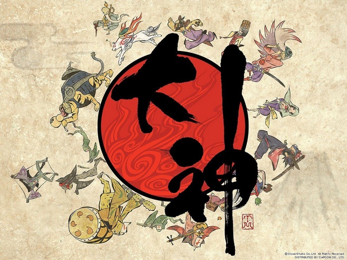 Okami characters surrounding a red sun with Japanese calligraphy