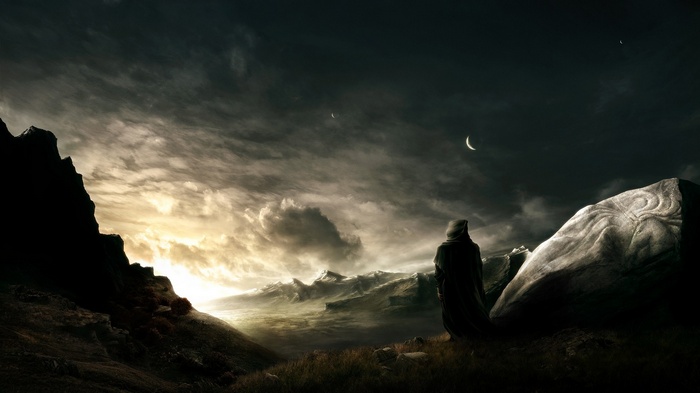 Figure in a cloak by a carved stone under a cloudy sky