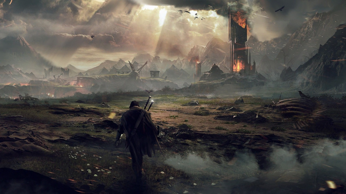 A lone figure walks towards a burning tower in Mordor