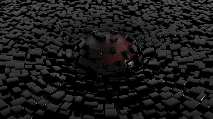 Abstract black cubes surrounding a red sphere