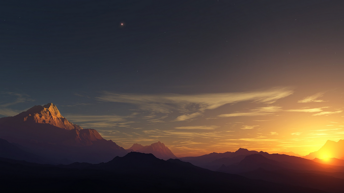 Mountain landscape at sunset with a bright star